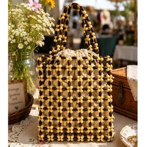 Y2K Wooden Beaded Floral Tote Bag Boho Coastal Grandma Market Purse